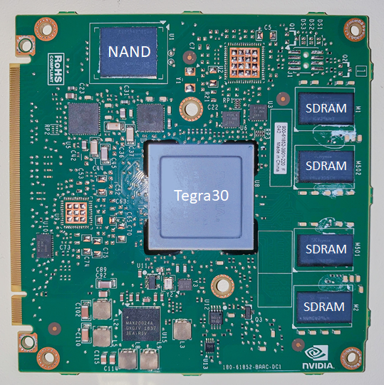MMX board top view. Chips: Tegra30, NAND, 4xSDRAM 