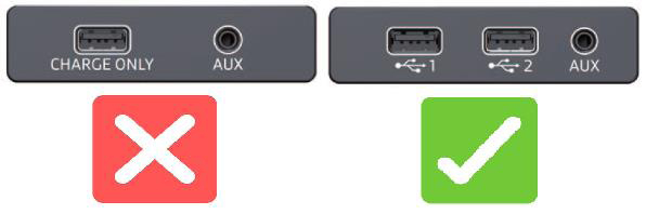 Charge only USB port (on the left) and 2xUSB port hub compatible with Smartfone interface (on the right)