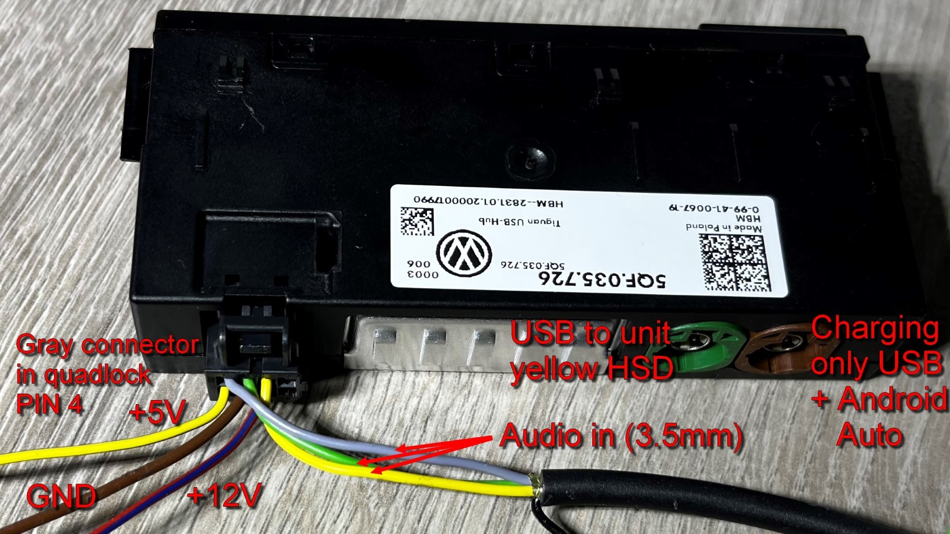 Note: Wires have the real color     Note2: MIB2 has +5V in green connector in quadlock (PIN 3)