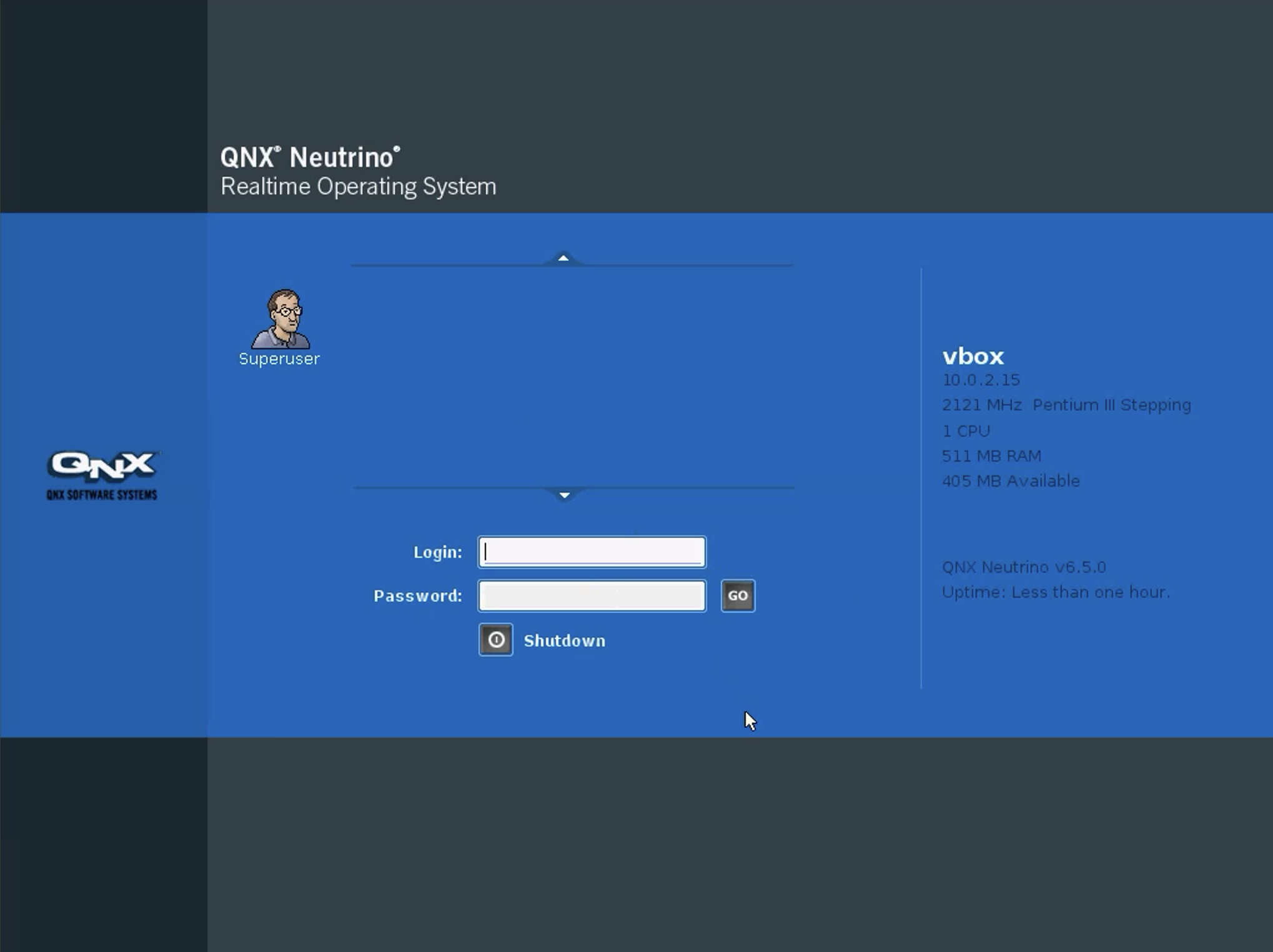QNX login screen. Login: root Password: root