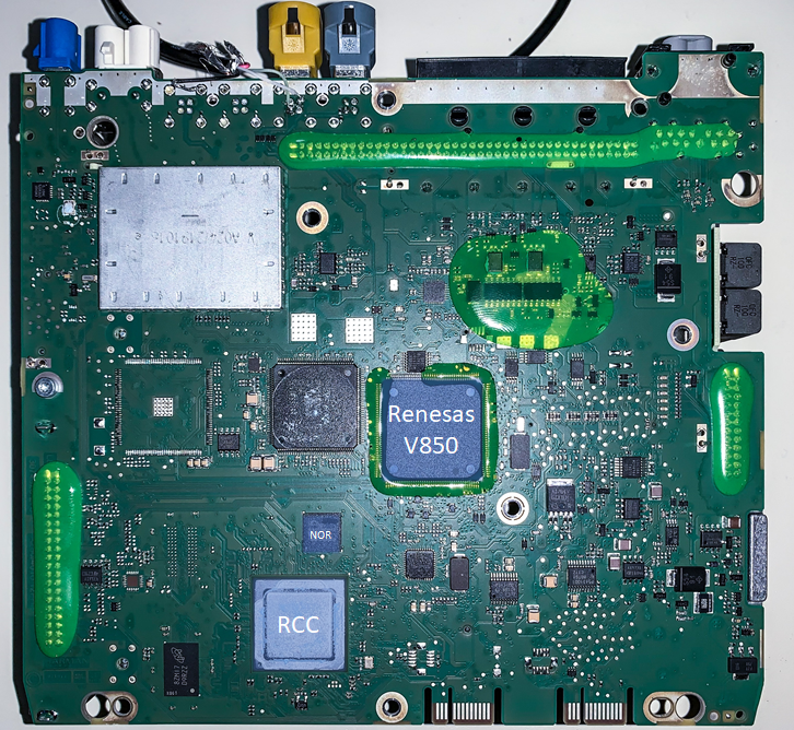 RCC board bottom view. Chips: RCC, NOR, IOC (Renesas V850)