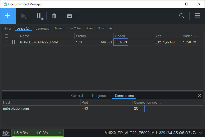 Download speed (close to ISP max. in this example) with 20 parallel connections